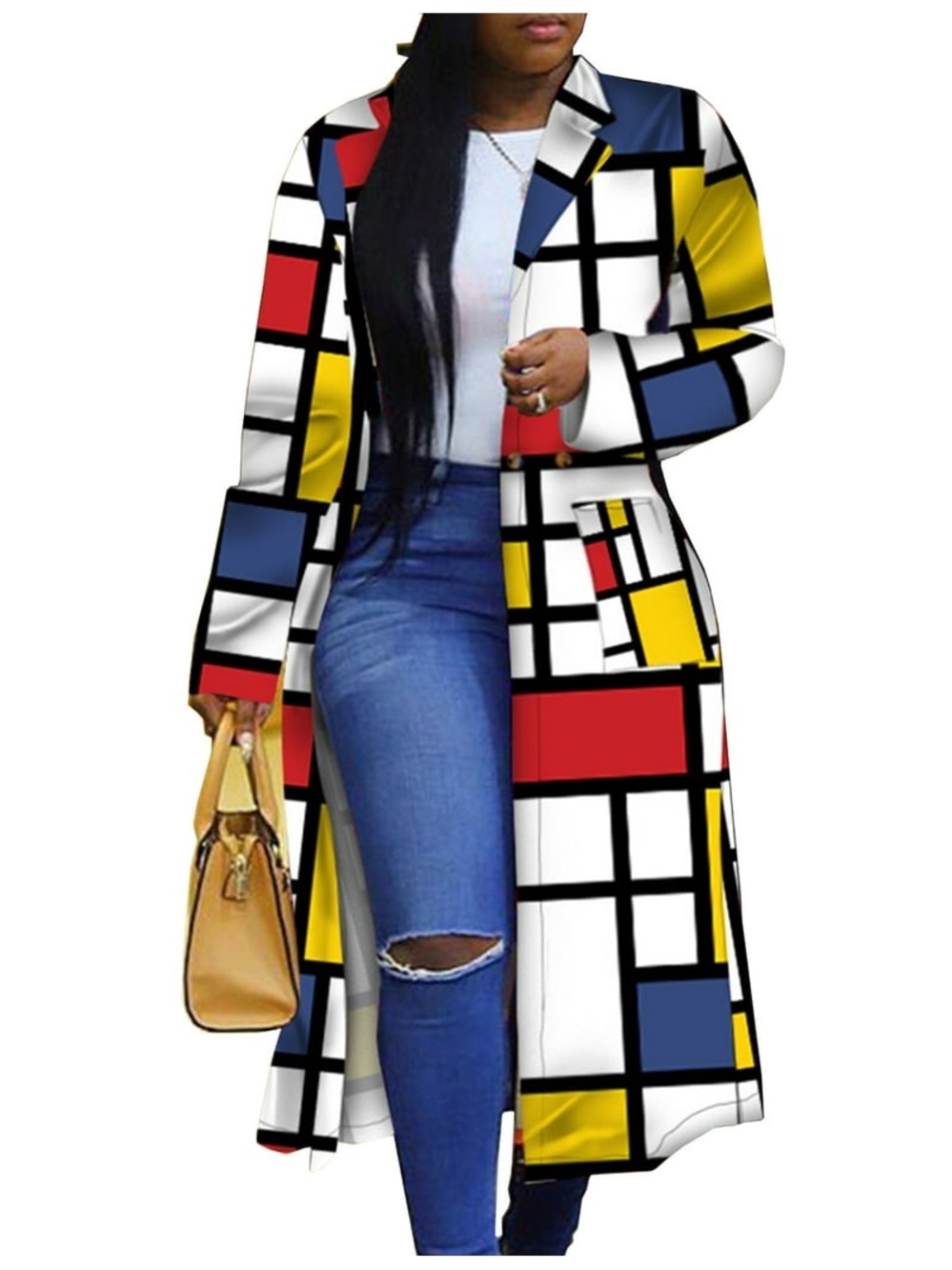 Women's Colored Geo Turn Down Collar Trench Coat Colorful Outerwear Cardigan Lon